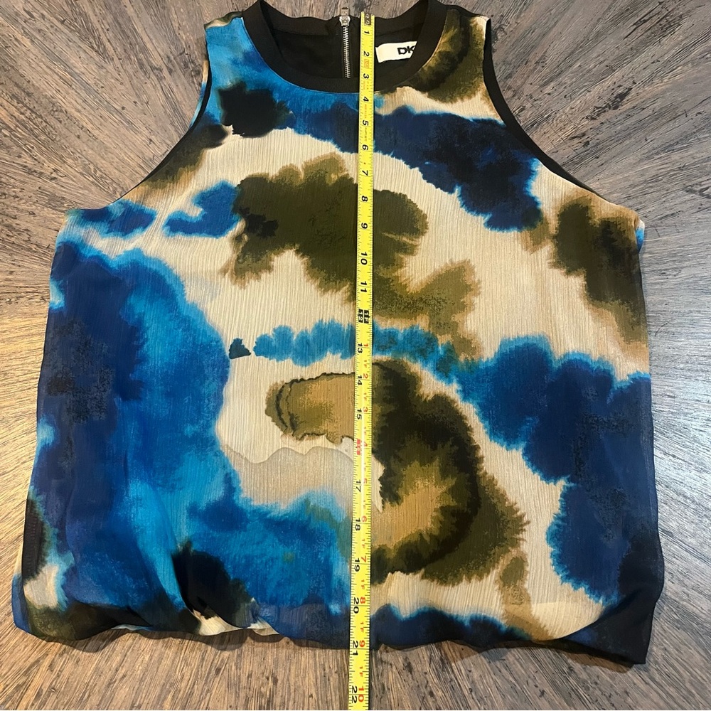 DKNY Watercolor Blue, Yellow & Brown Crepe Sleeveless Blouse Lined XS - Picture 9 of 9